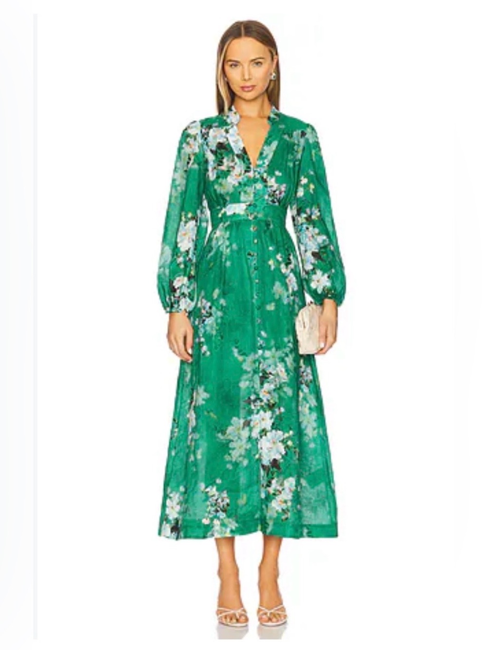 Zimmermann Everley Plunge Midi Dress in Green Watercolor Floral